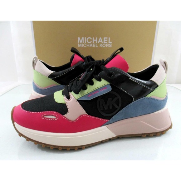 Michael Kors Theo Trainer Lace Up Sneakers Mk Logo Black Leather - Picture 4 of 11